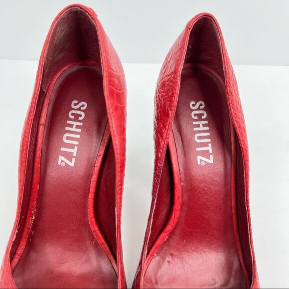 Schutz shoes women's 6 red leather reptile skin peep toe platform stiletto heels - Picture 9 of 13